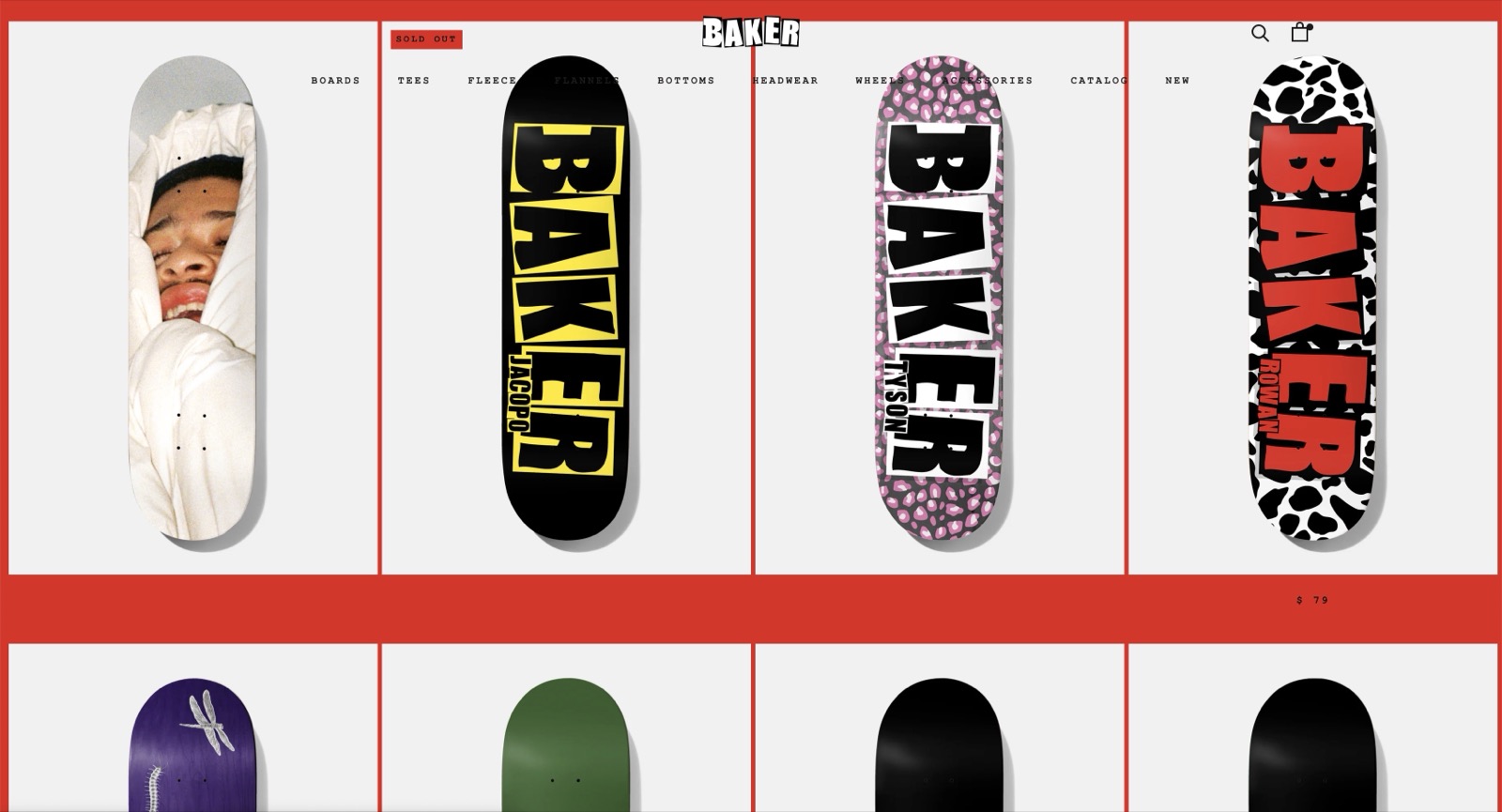 Baker Skateboards collection grid of pro model decks.