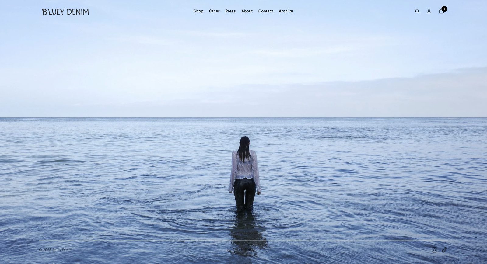 Bluey Denim homepage with full-bleed denim campaign photography.