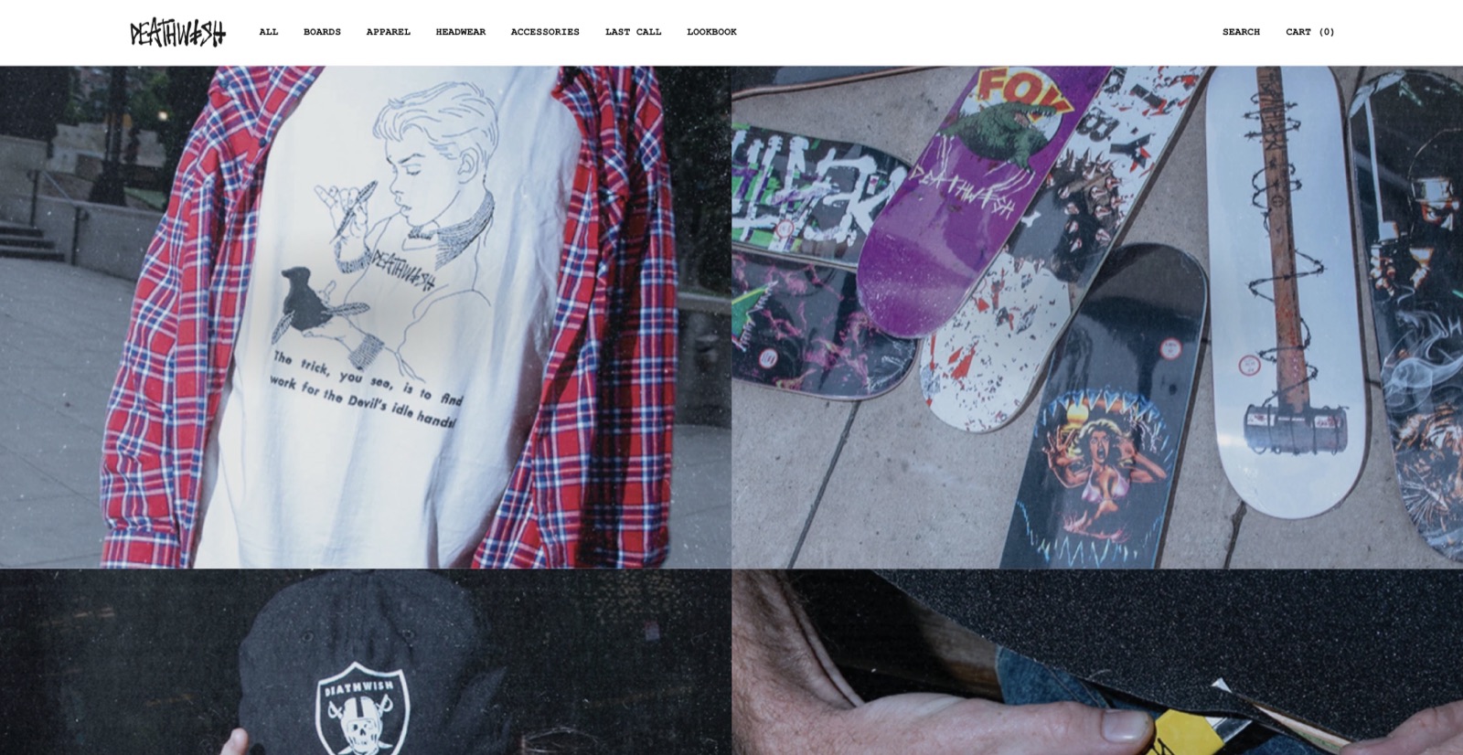 Deathwish Skateboards homepage with apparel, boards, and lookbook imagery.