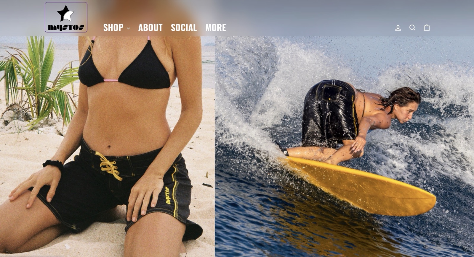 Mystos Surf homepage with apparel and surf photography.