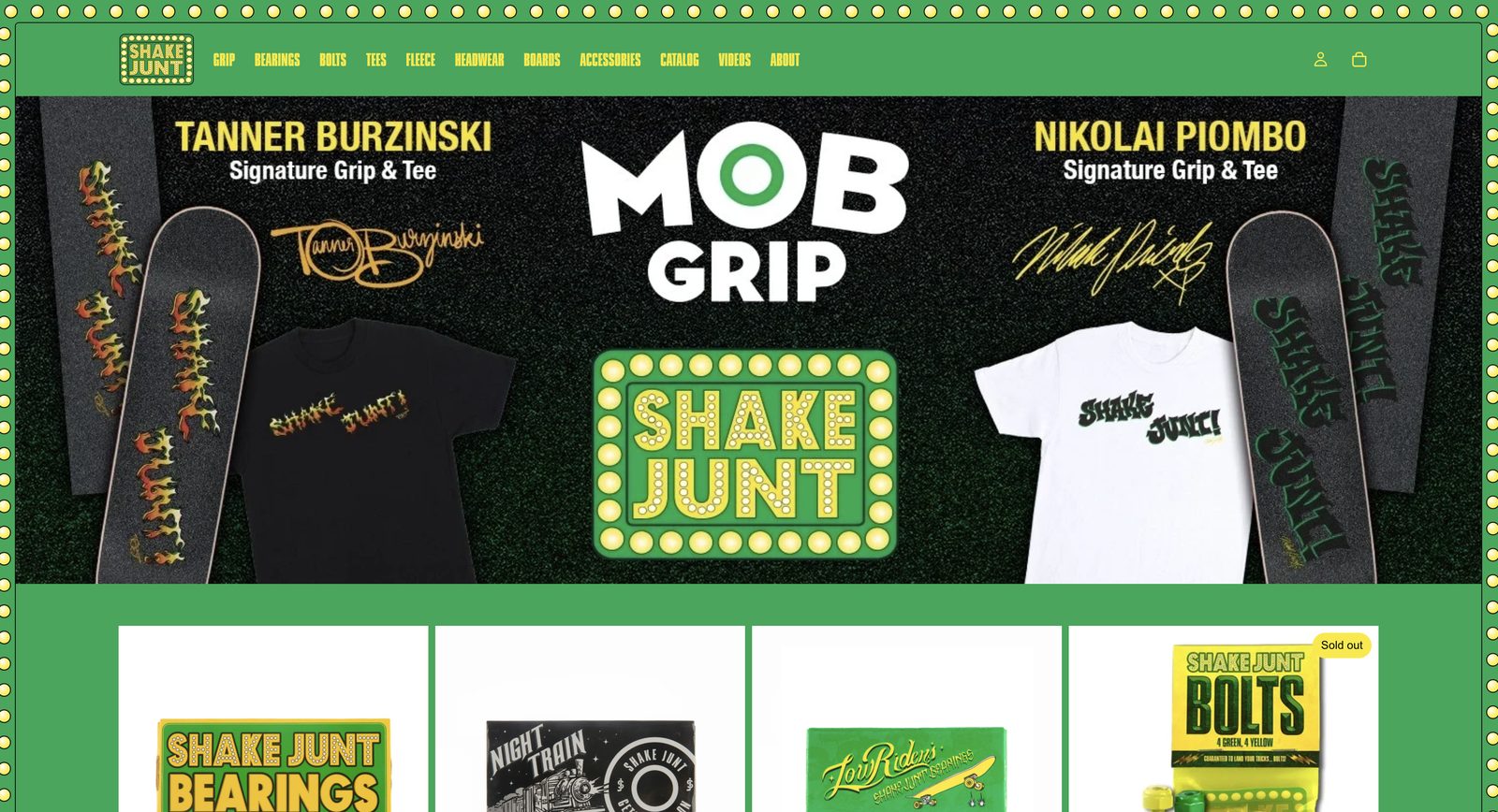 Shake Junt homepage with Mob Grip drop and signature decks.